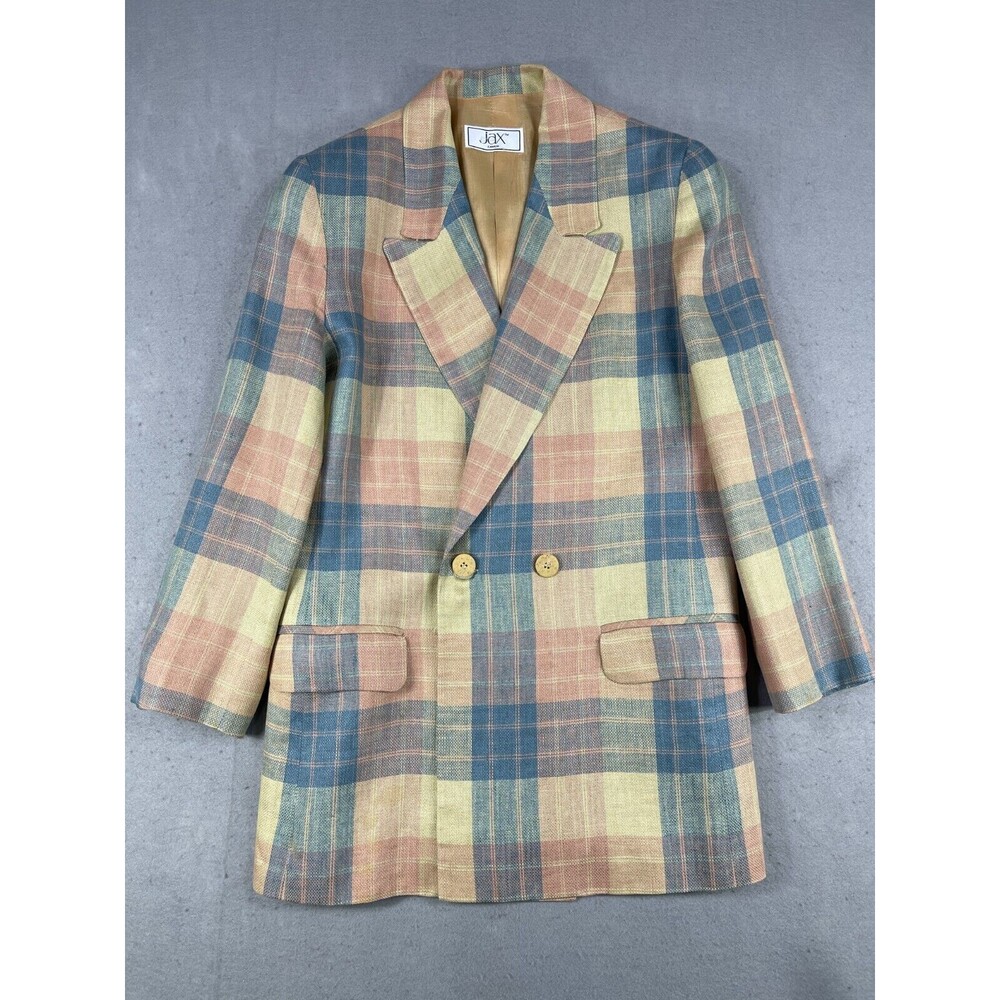 VTG Jax Canada Linen Double Breasted Blazer Womens Sz 6 Plaid Light Academia